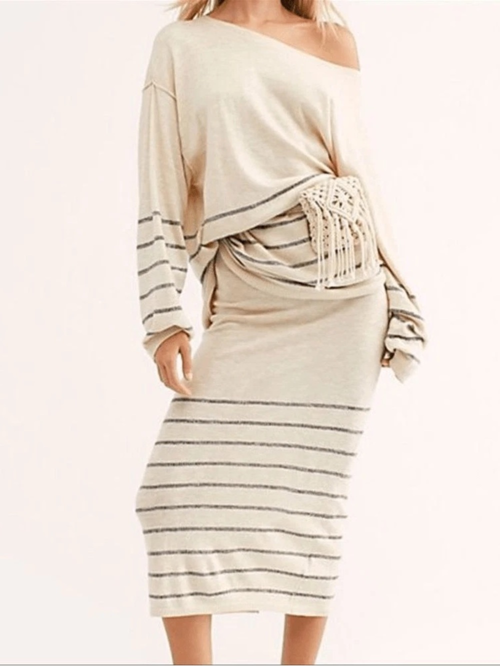 Free People Beach 2pc Set Dana Point Striped Oversized Knit SWEATER + Skirt M